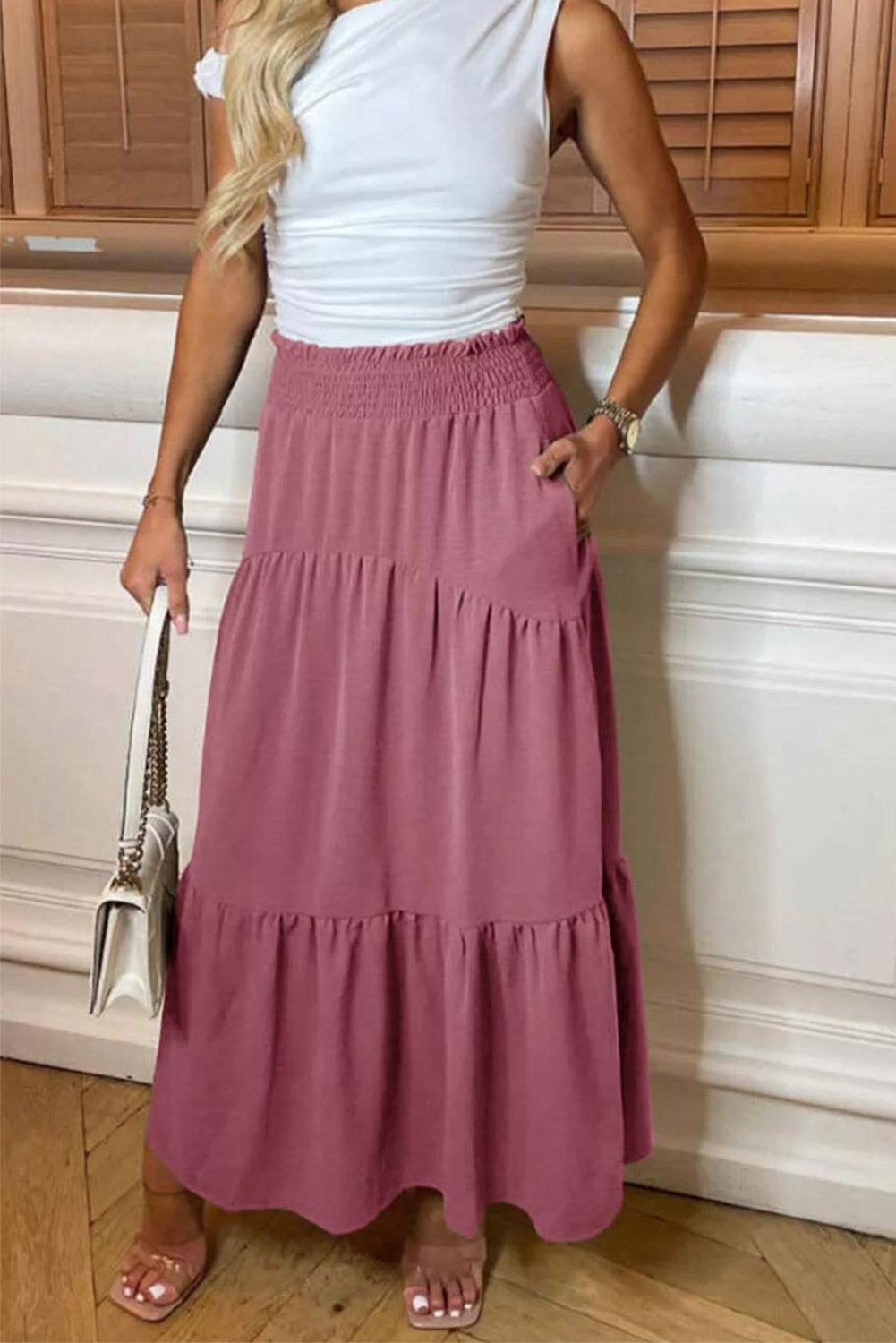 Womens Ladies High Waisted Sheering Pockets Maxi Skirt 🇬🇧