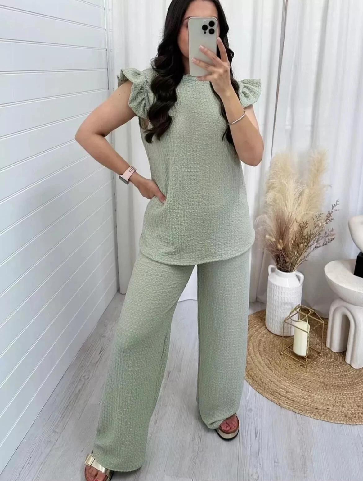 Women's Super Soft Pop Corn Material Frill Short Sleeve Top Trousers 2Pcs Co-Ord Loungewear Set 🇬🇧