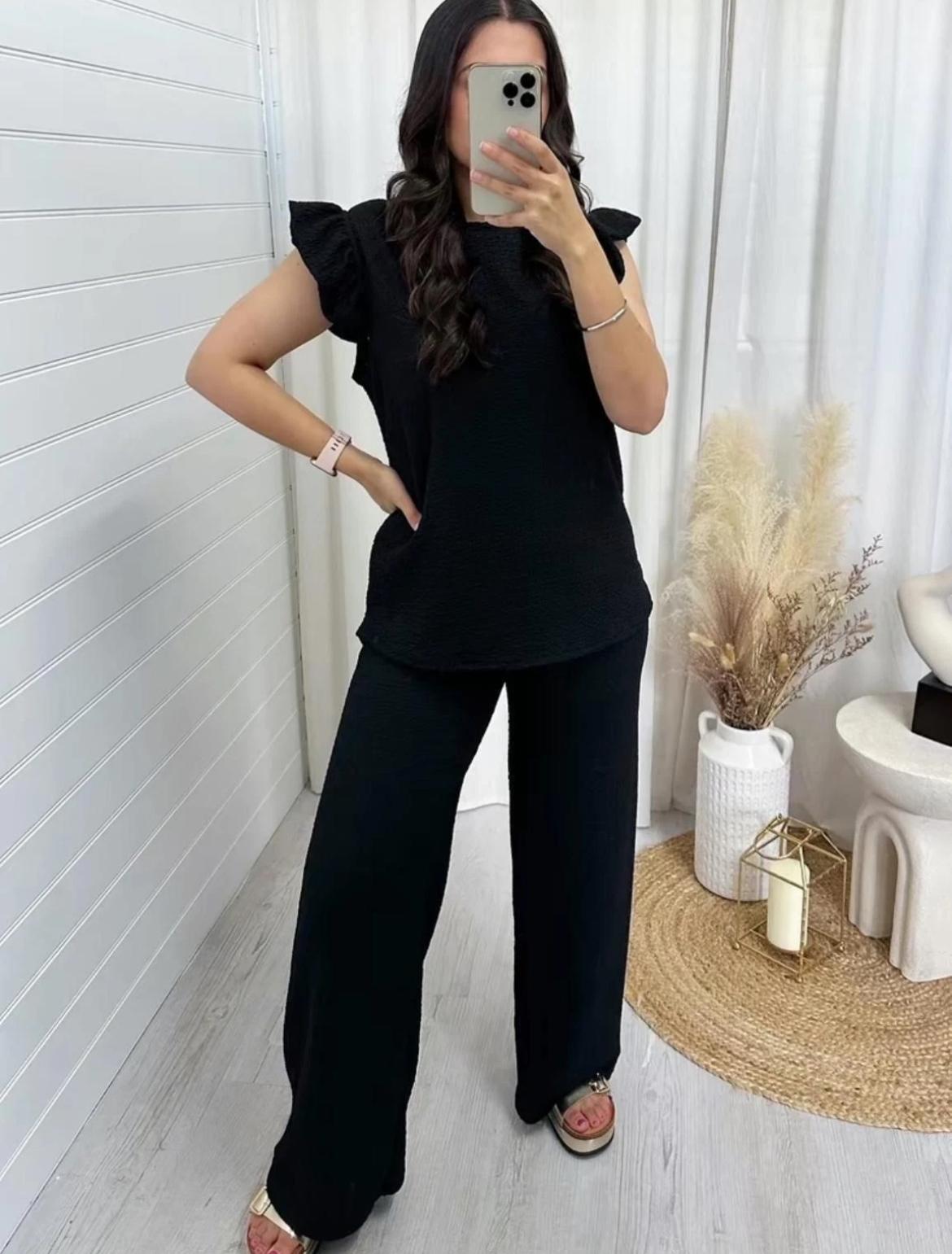 Women's Super Soft Pop Corn Material Frill Short Sleeve Top Trousers 2Pcs Co-Ord Loungewear Set 🇬🇧