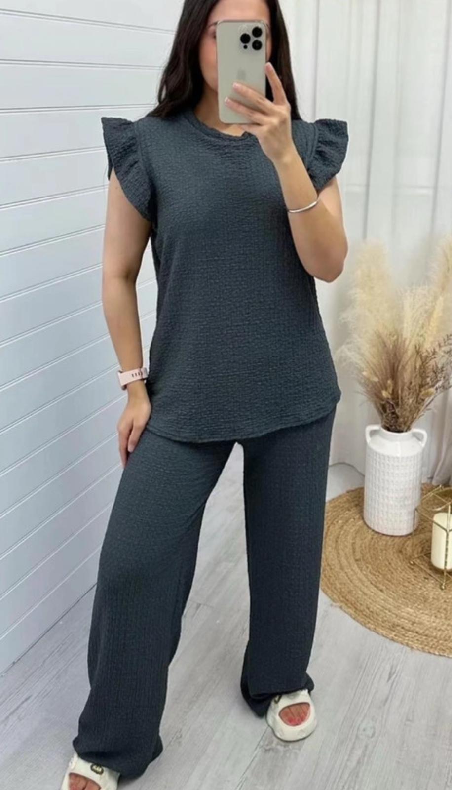 Women's Super Soft Pop Corn Material Frill Short Sleeve Top Trousers 2Pcs Co-Ord Loungewear Set 🇬🇧