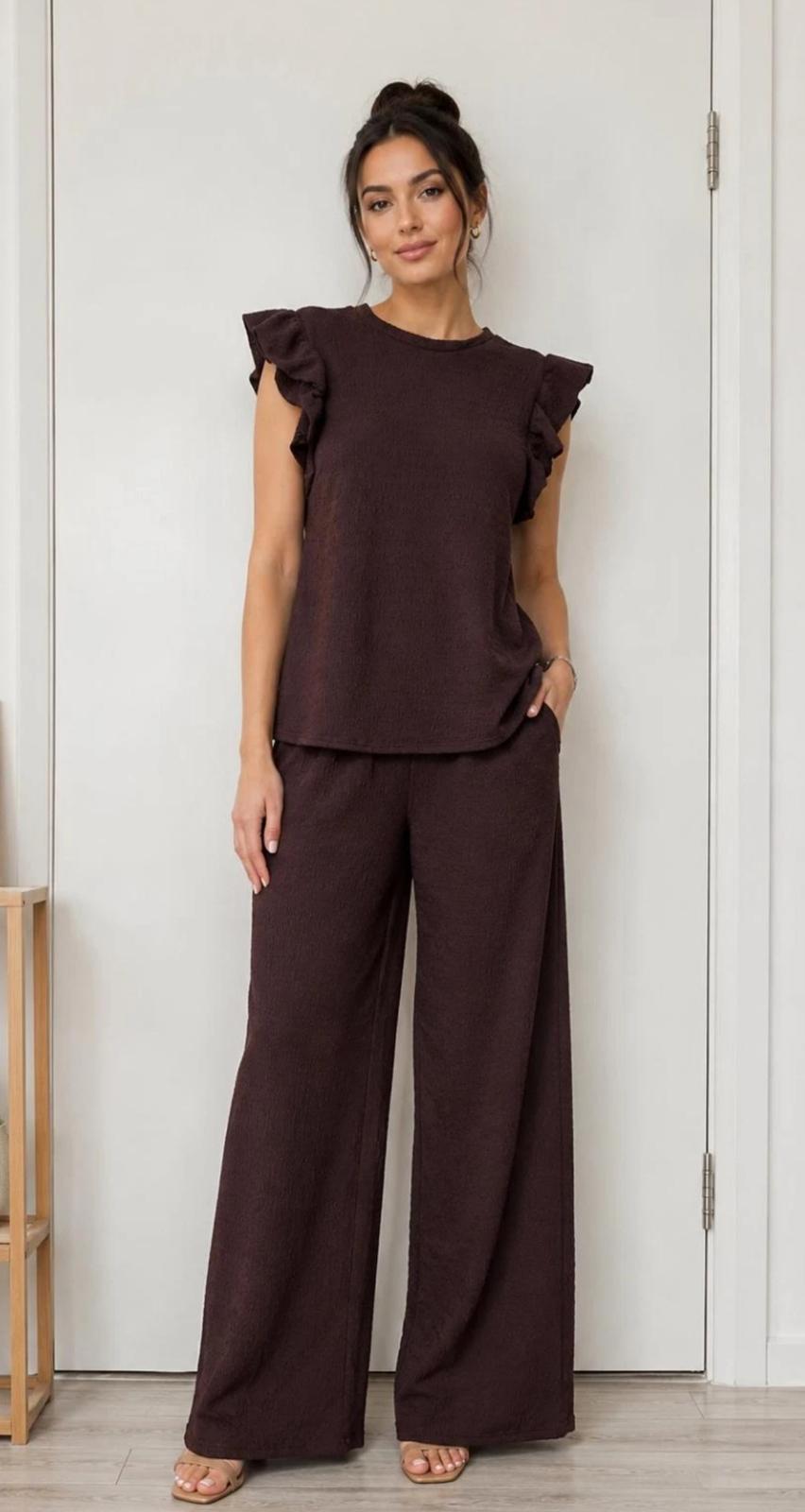 Women's Super Soft Pop Corn Material Frill Short Sleeve Top Trousers 2Pcs Co-Ord Loungewear Set 🇬🇧