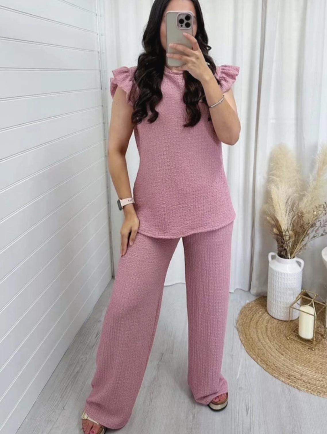 Women's Super Soft Pop Corn Material Frill Short Sleeve Top Trousers 2Pcs Co-Ord Loungewear Set 🇬🇧
