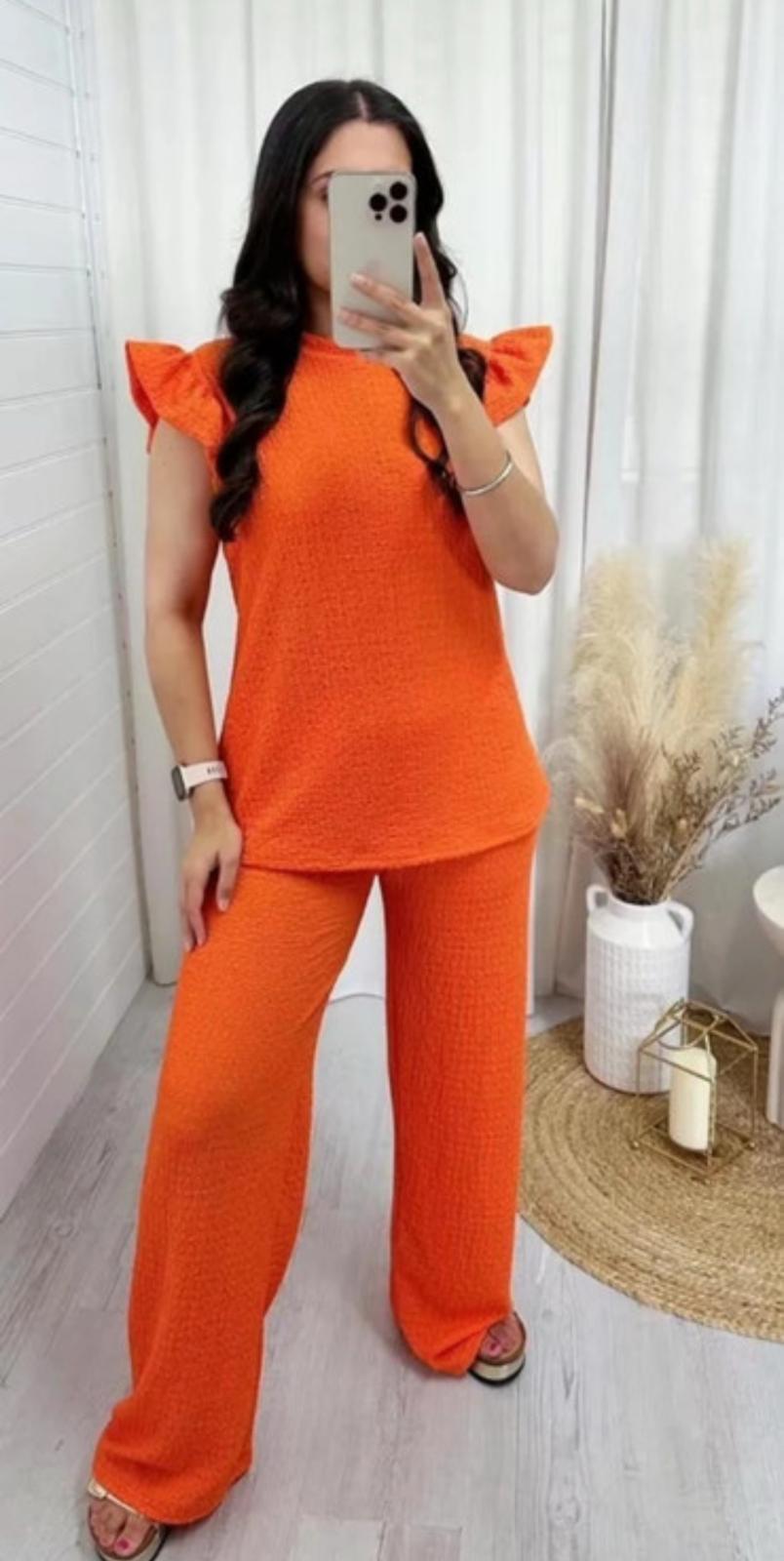 Women's Super Soft Pop Corn Material Frill Short Sleeve Top Trousers 2Pcs Co-Ord Loungewear Set 🇬🇧