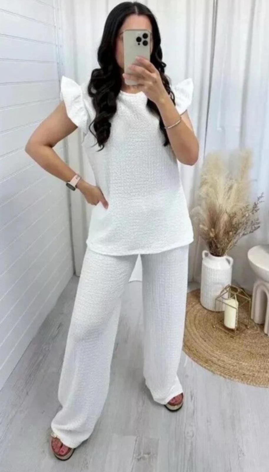 Women's Super Soft Pop Corn Material Frill Short Sleeve Top Trousers 2Pcs Co-Ord Loungewear Set 🇬🇧