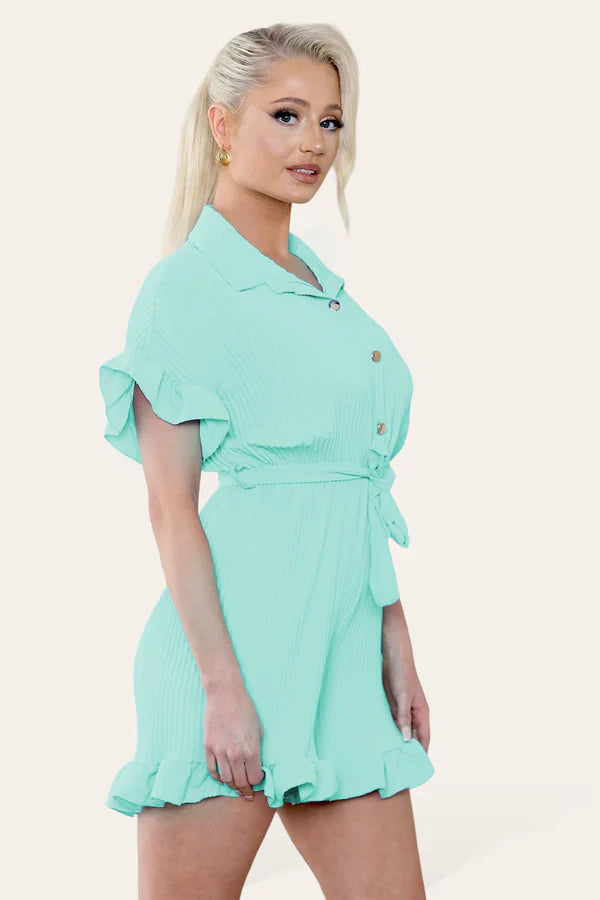 Pleated Ruffle Shirt Short Playsuit With Frill Hems 🇬🇧