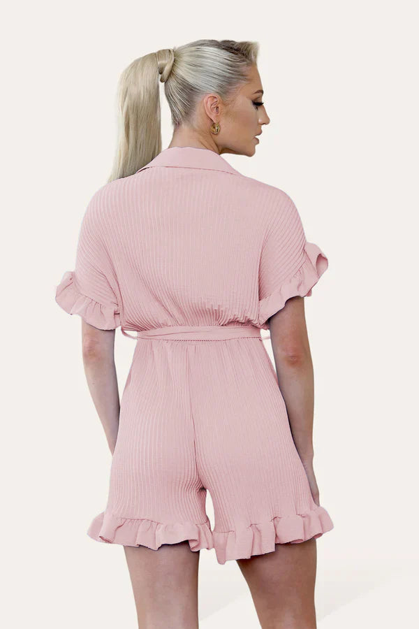 Pleated Ruffle Shirt Short Playsuit With Frill Hems 🇬🇧