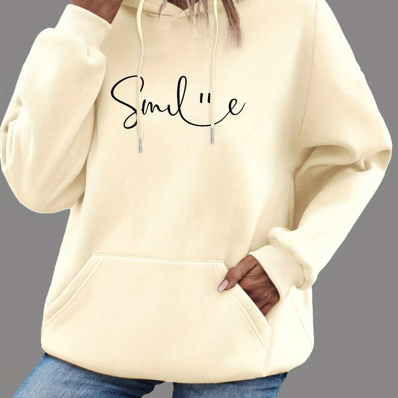 Womens Smile Print Hoodie With Kangaroo Pocket-comfortable 🇨🇳