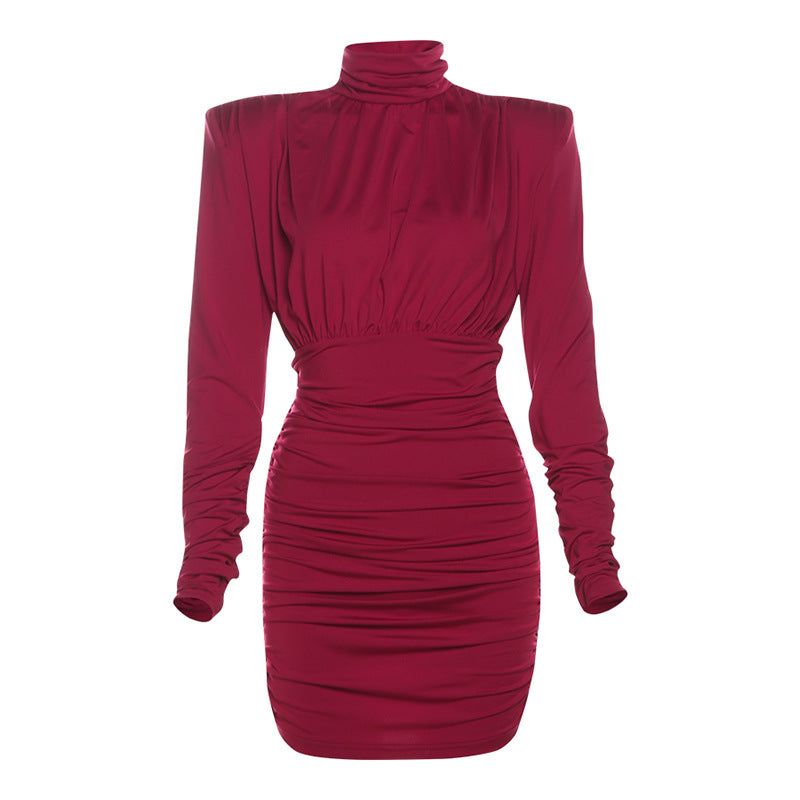 Temperament High Collar Pleated Waist Tight Sheath Dress 🇨🇳