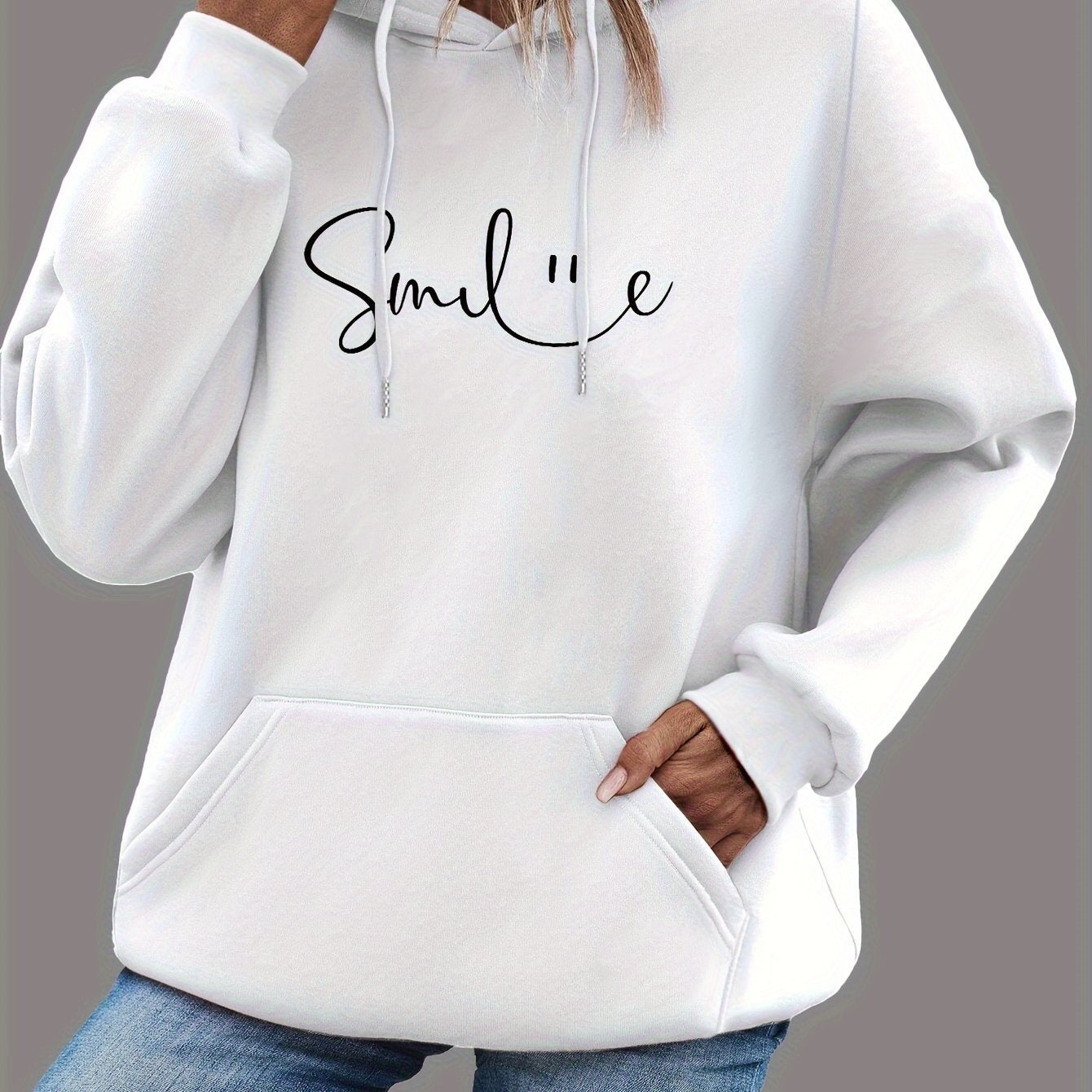 Womens Smile Print Hoodie With Kangaroo Pocket-comfortable 🇨🇳