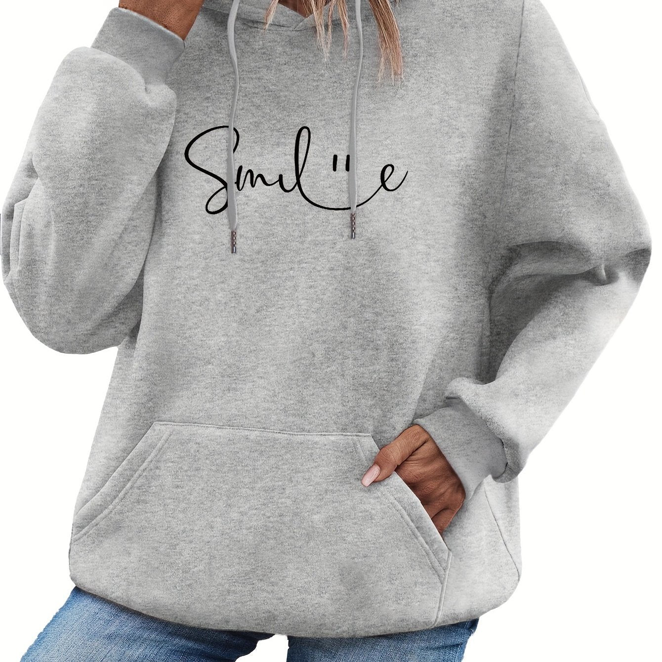 Womens Smile Print Hoodie With Kangaroo Pocket-comfortable 🇨🇳