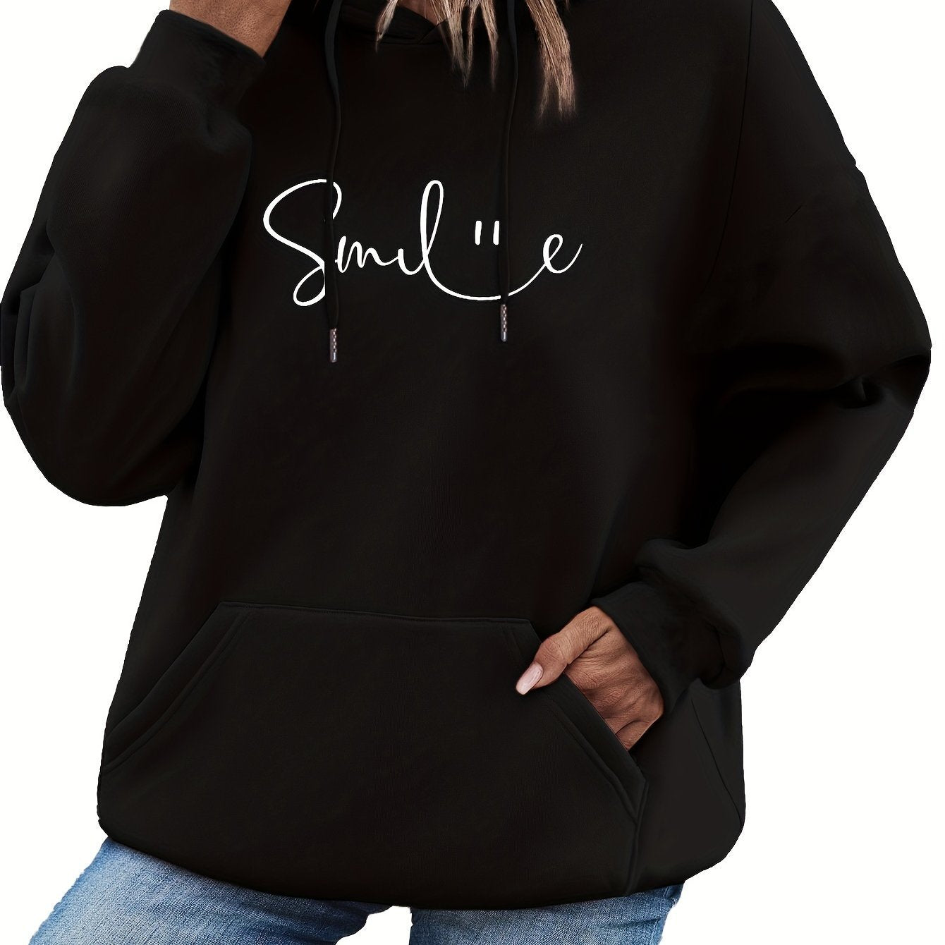 Womens Smile Print Hoodie With Kangaroo Pocket-comfortable 🇨🇳
