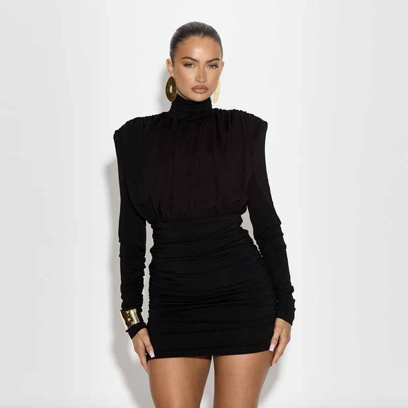 Temperament High Collar Pleated Waist Tight Sheath Dress 🇨🇳