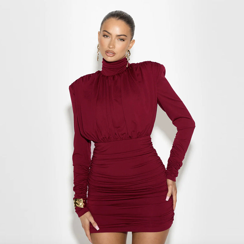 Temperament High Collar Pleated Waist Tight Sheath Dress 🇨🇳