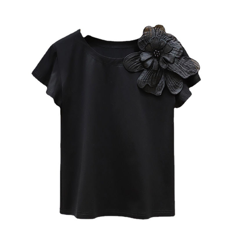 Round Neck Three-dimensional Flower Decoration Fashion Ruffle Sleeve Loose Slim Top 🇨🇳