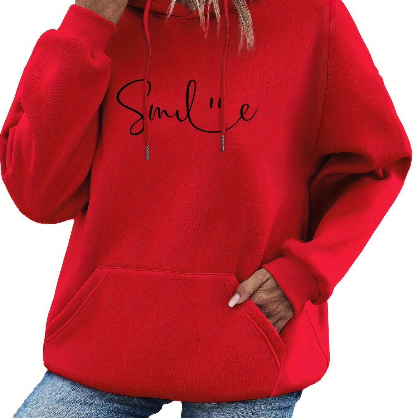 Womens Smile Print Hoodie With Kangaroo Pocket-comfortable 🇨🇳