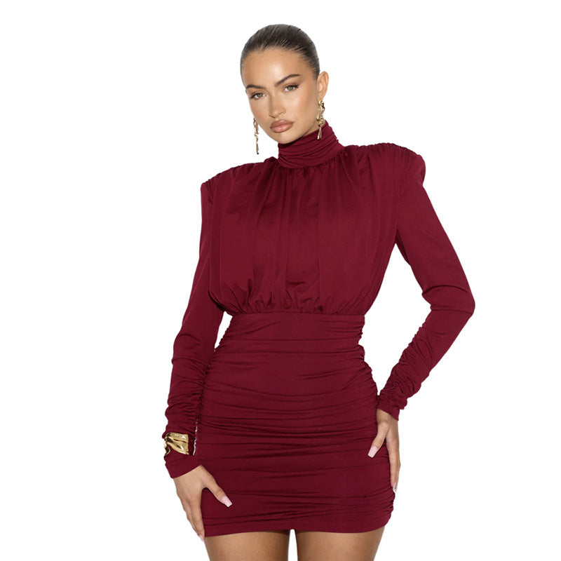 Temperament High Collar Pleated Waist Tight Sheath Dress 🇨🇳