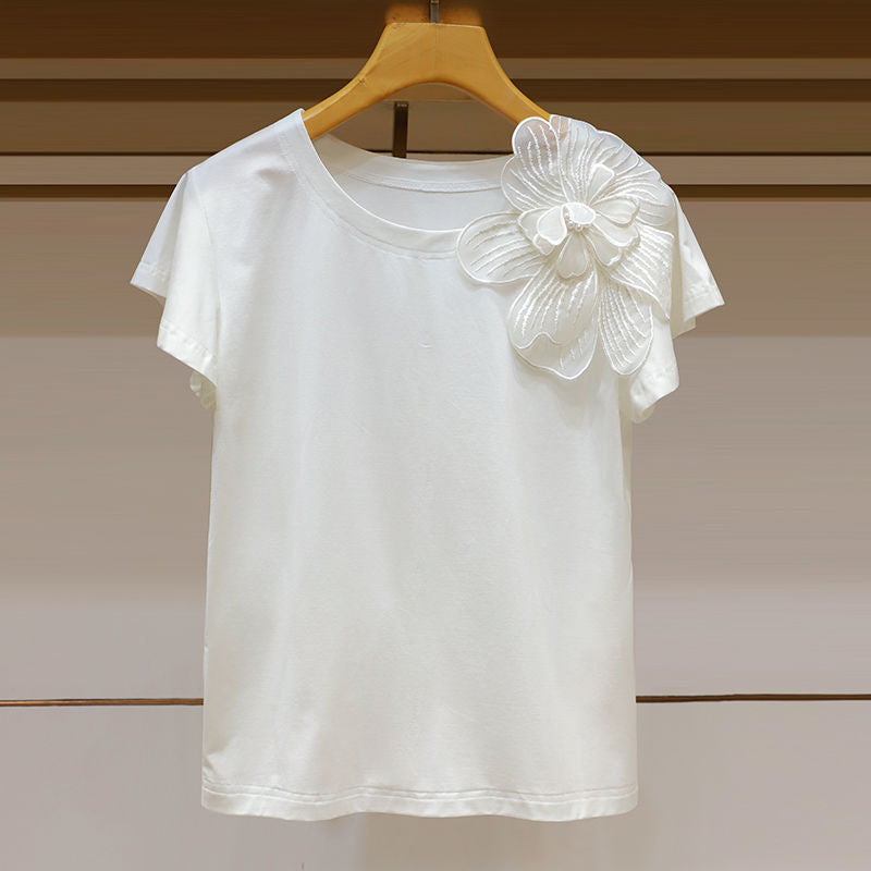 Round Neck Three-dimensional Flower Decoration Fashion Ruffle Sleeve Loose Slim Top 🇨🇳