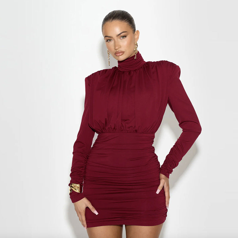 Temperament High Collar Pleated Waist Tight Sheath Dress 🇨🇳