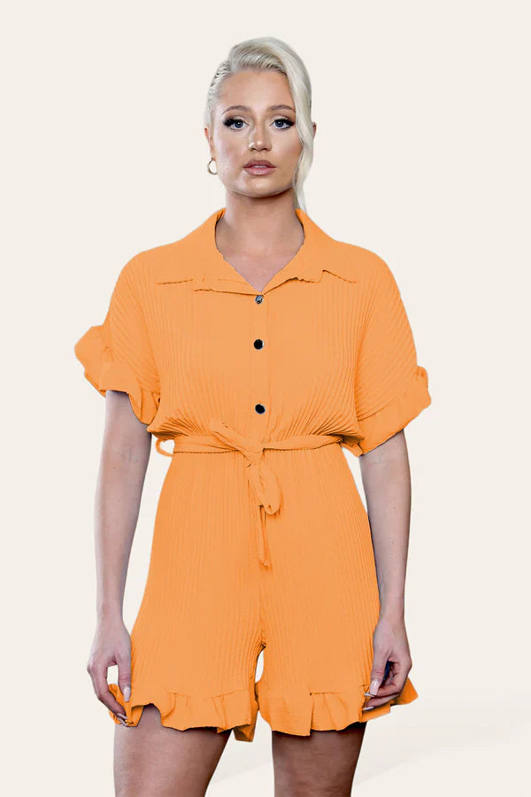 Pleated Ruffle Shirt Short Playsuit With Frill Hems 🇬🇧