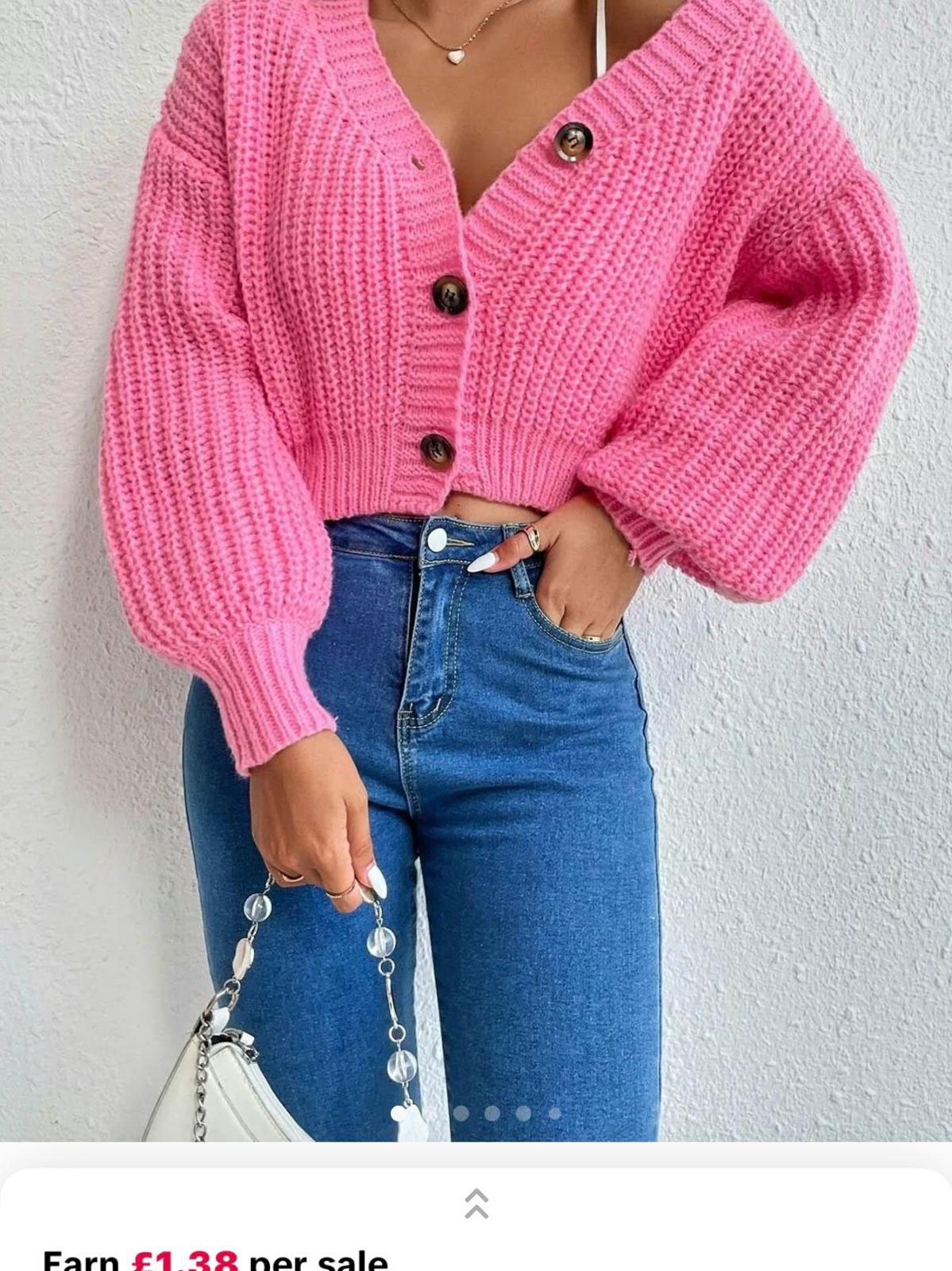 Chunky Knit Cardigan Balloon Sleeve Cropped 3 Button Jumper Soft Cozy Top 🇬🇧