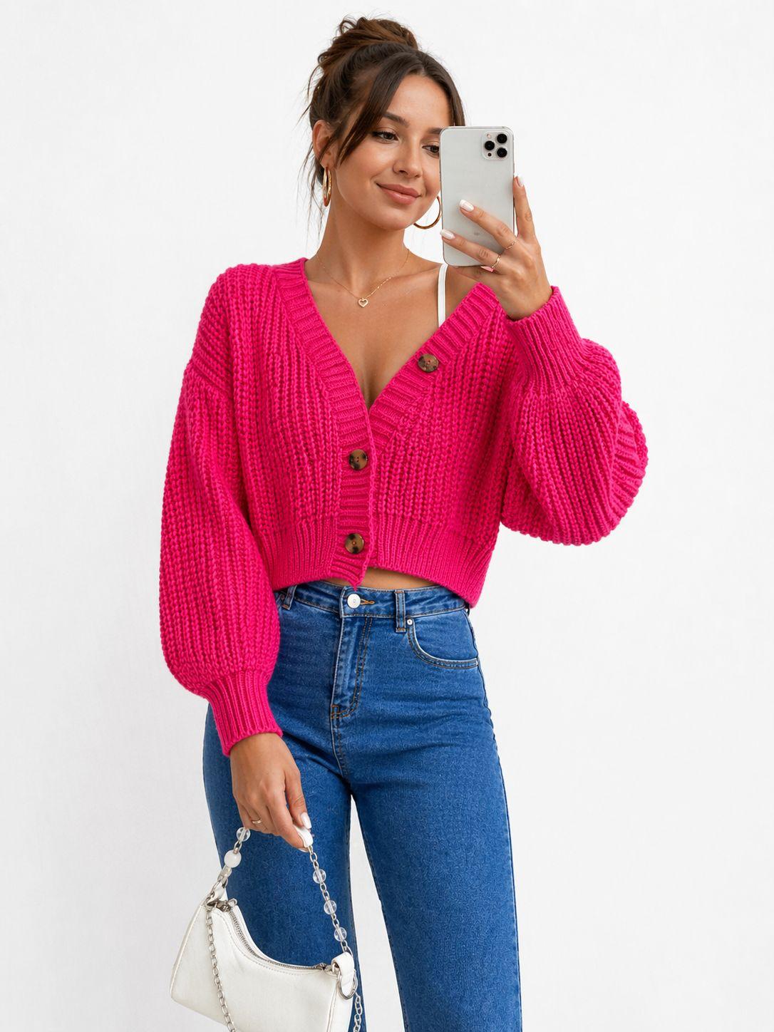 Chunky Knit Cardigan Balloon Sleeve Cropped 3 Button Jumper Soft Cozy Top 🇬🇧
