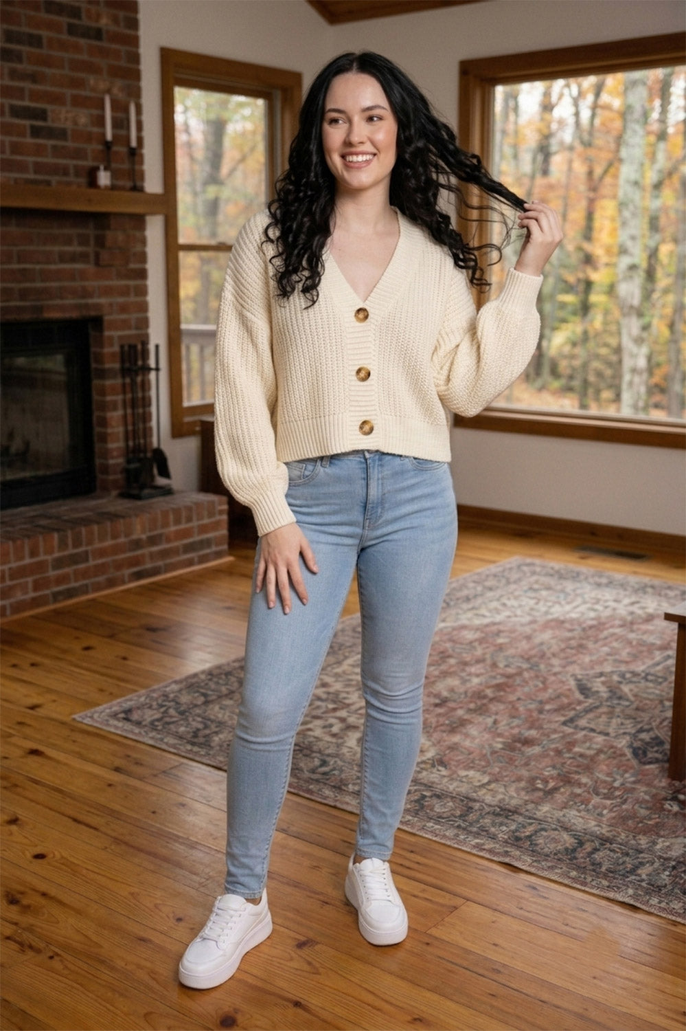 Chunky Knit Cardigan Balloon Sleeve Cropped 3 Button Jumper Soft Cozy Top 🇬🇧