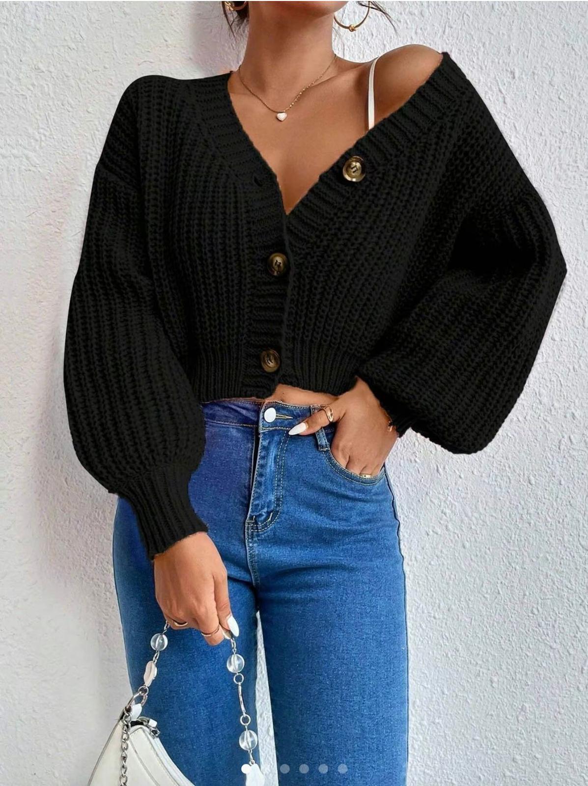 Chunky Knit Cardigan Balloon Sleeve Cropped 3 Button Jumper Soft Cozy Top 🇬🇧