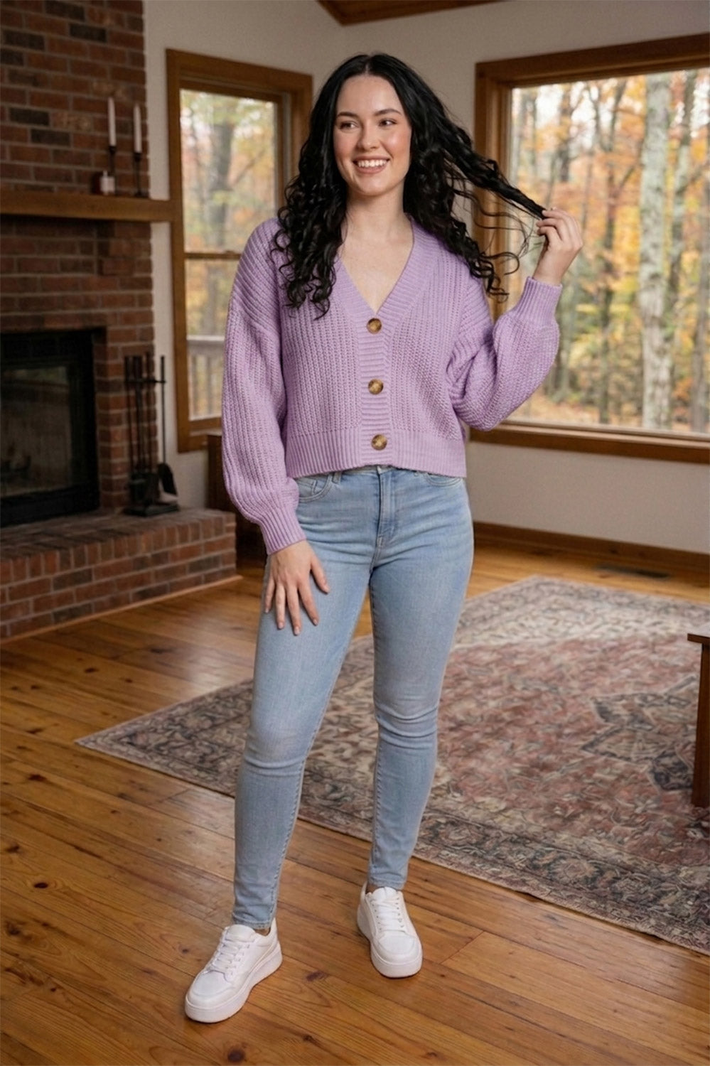 Chunky Knit Cardigan Balloon Sleeve Cropped 3 Button Jumper Soft Cozy Top 🇬🇧