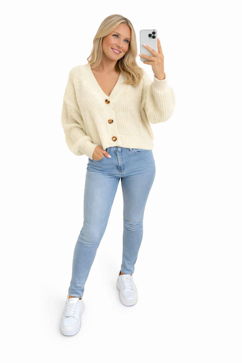 Chunky Knit Cardigan Balloon Sleeve Cropped 3 Button Jumper Soft Cozy Top 🇬🇧