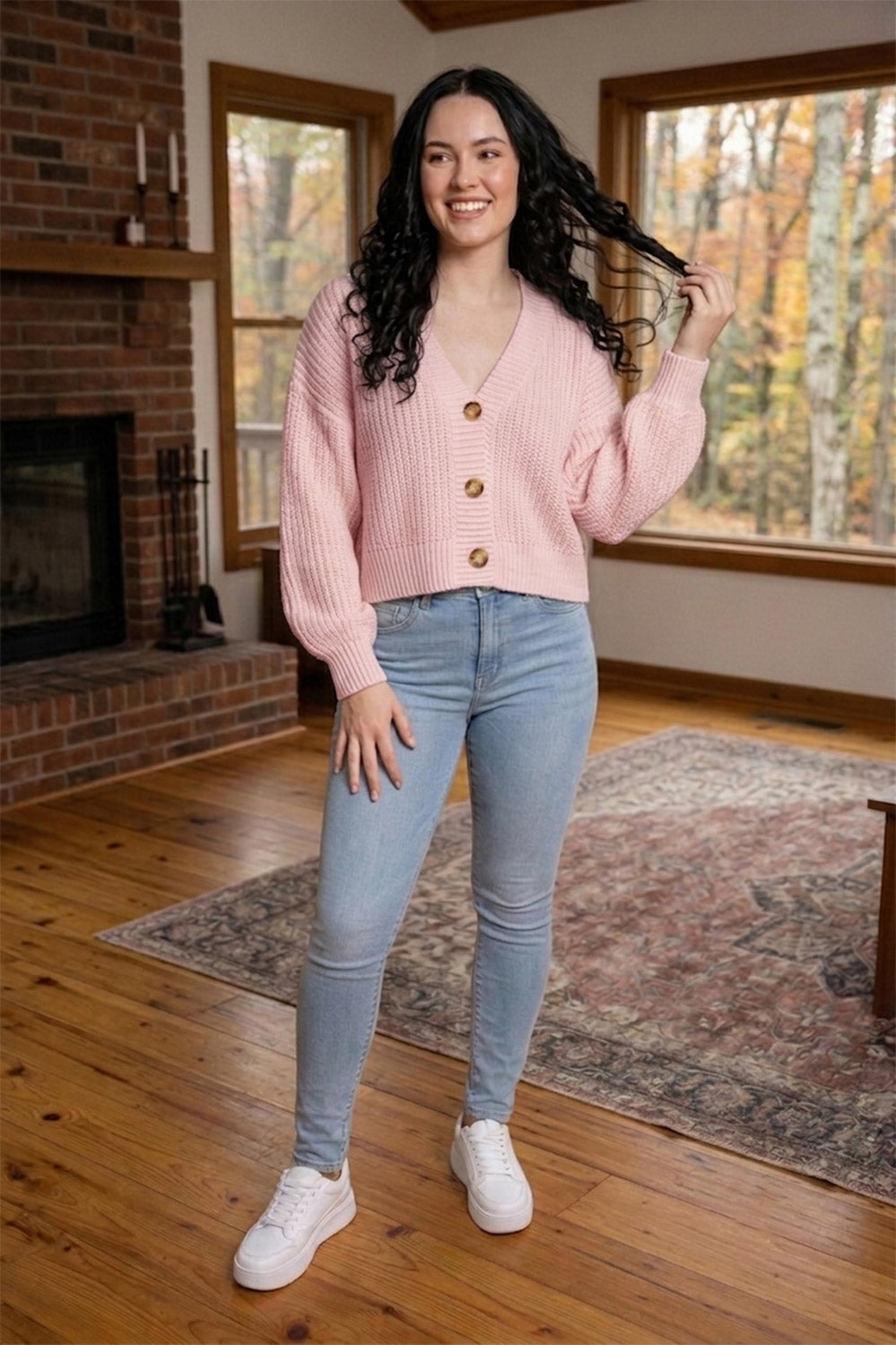 Chunky Knit Cardigan Balloon Sleeve Cropped 3 Button Jumper Soft Cozy Top 🇬🇧