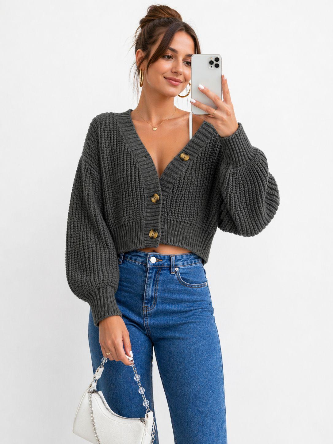 Chunky Knit Cardigan Balloon Sleeve Cropped 3 Button Jumper Soft Cozy Top 🇬🇧