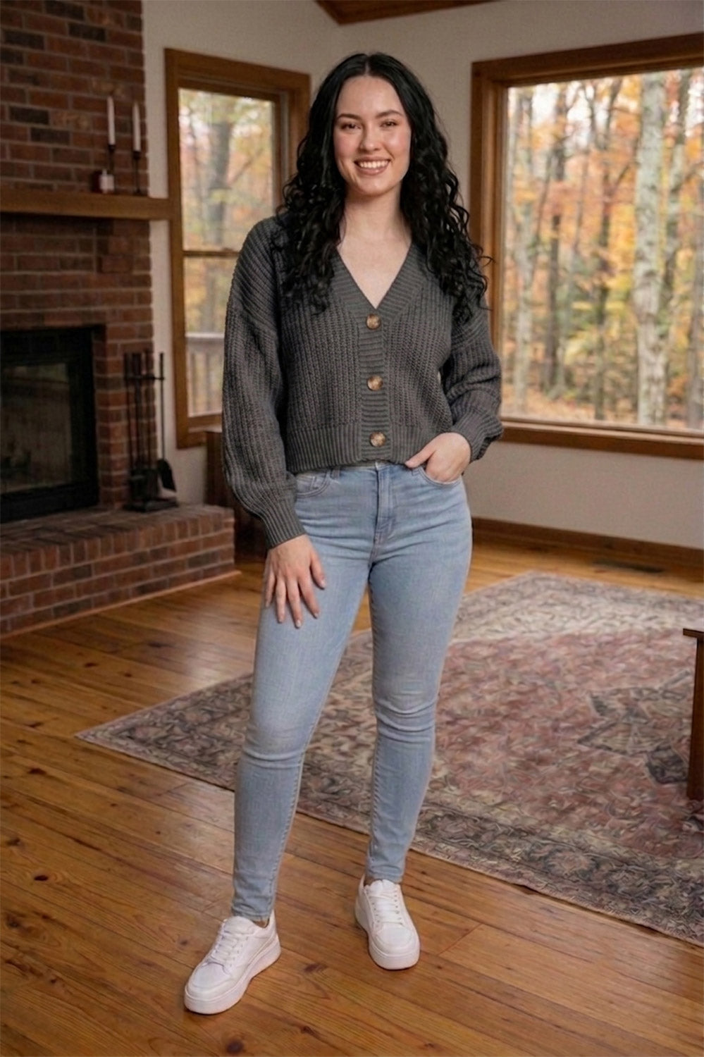 Chunky Knit Cardigan Balloon Sleeve Cropped 3 Button Jumper Soft Cozy Top 🇬🇧