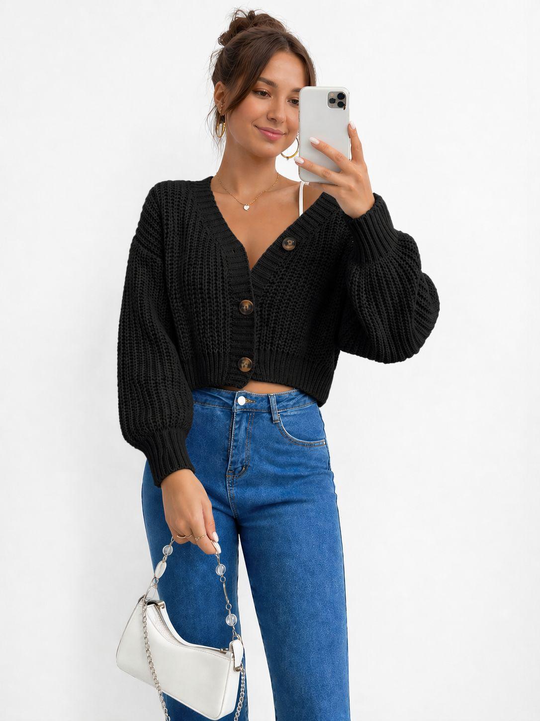 Chunky Knit Cardigan Balloon Sleeve Cropped 3 Button Jumper Soft Cozy Top 🇬🇧