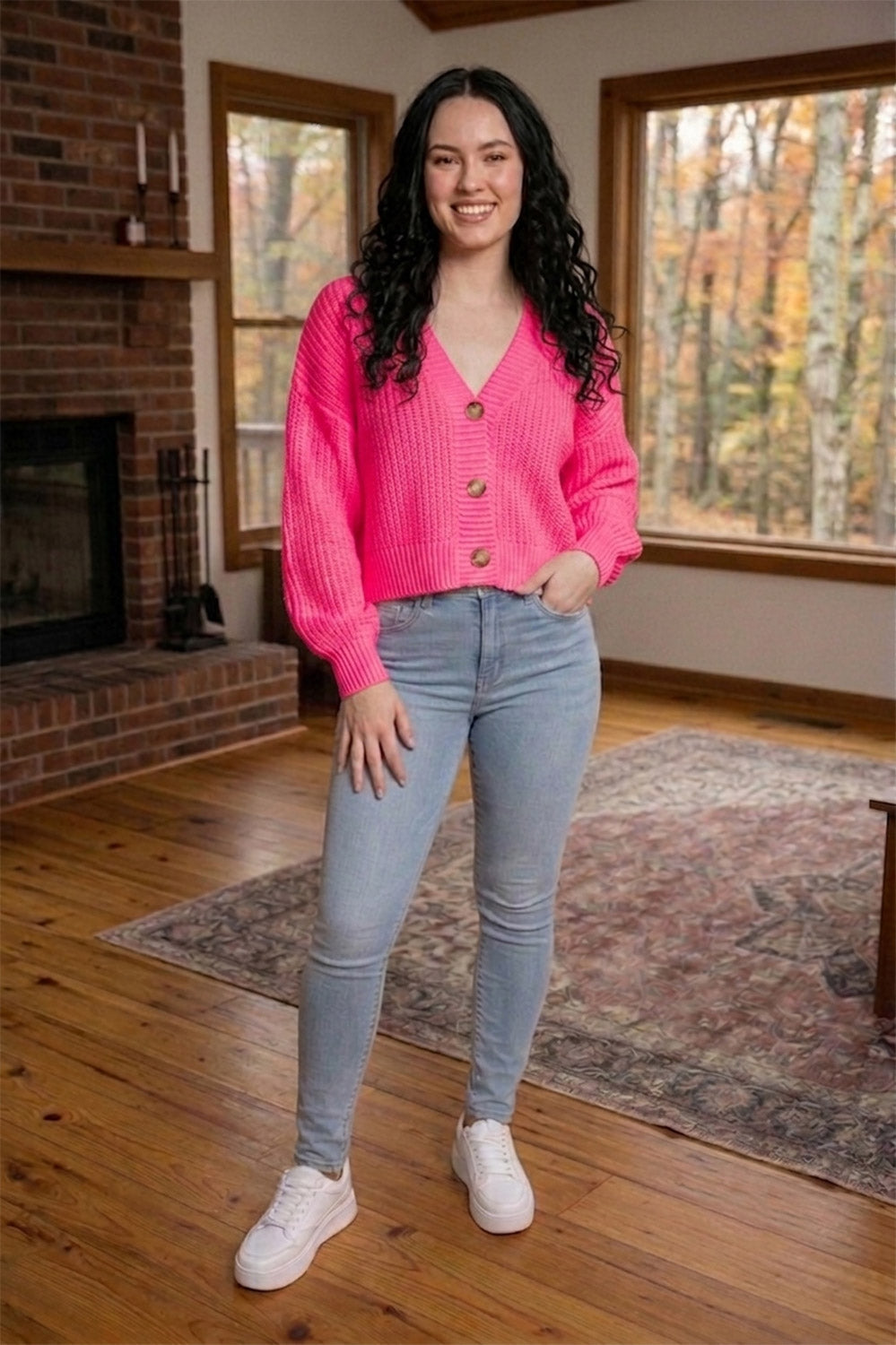 Chunky Knit Cardigan Balloon Sleeve Cropped 3 Button Jumper Soft Cozy Top 🇬🇧