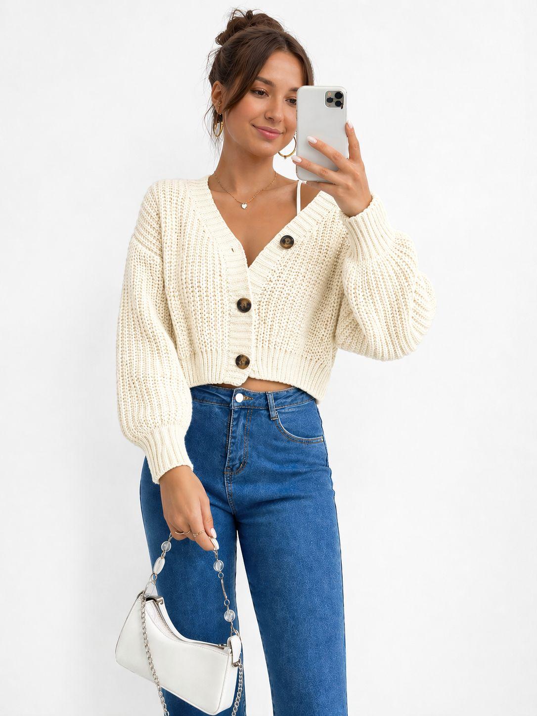 Chunky Knit Cardigan Balloon Sleeve Cropped 3 Button Jumper Soft Cozy Top 🇬🇧