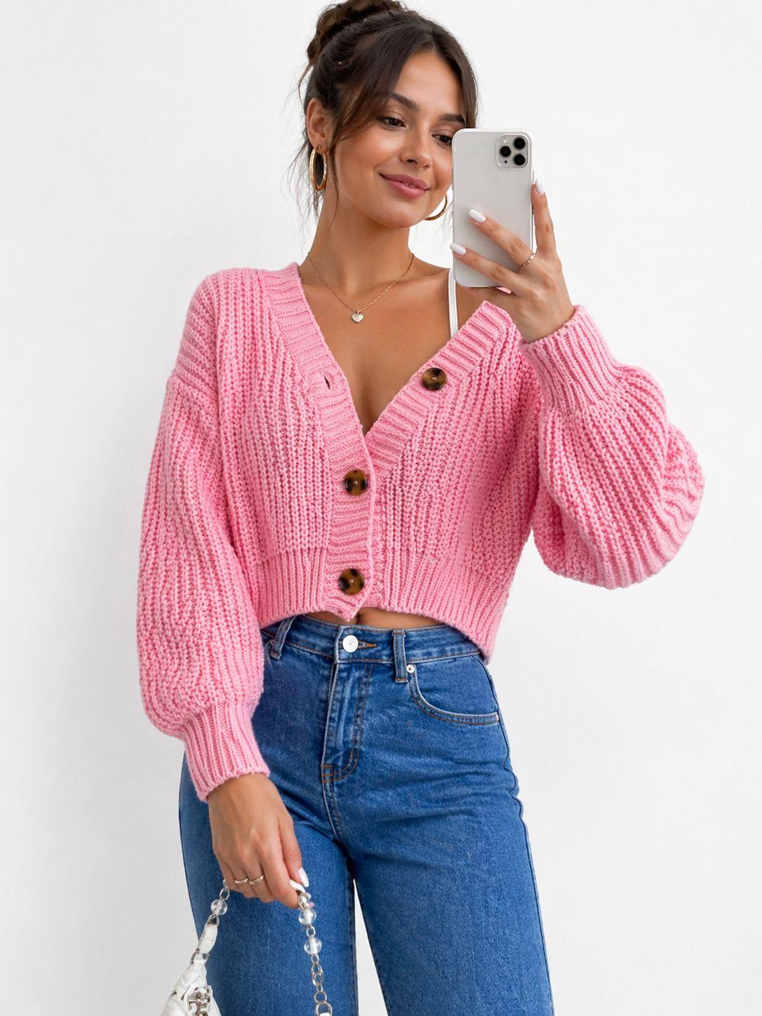 Chunky Knit Cardigan Balloon Sleeve Cropped 3 Button Jumper Soft Cozy Top 🇬🇧