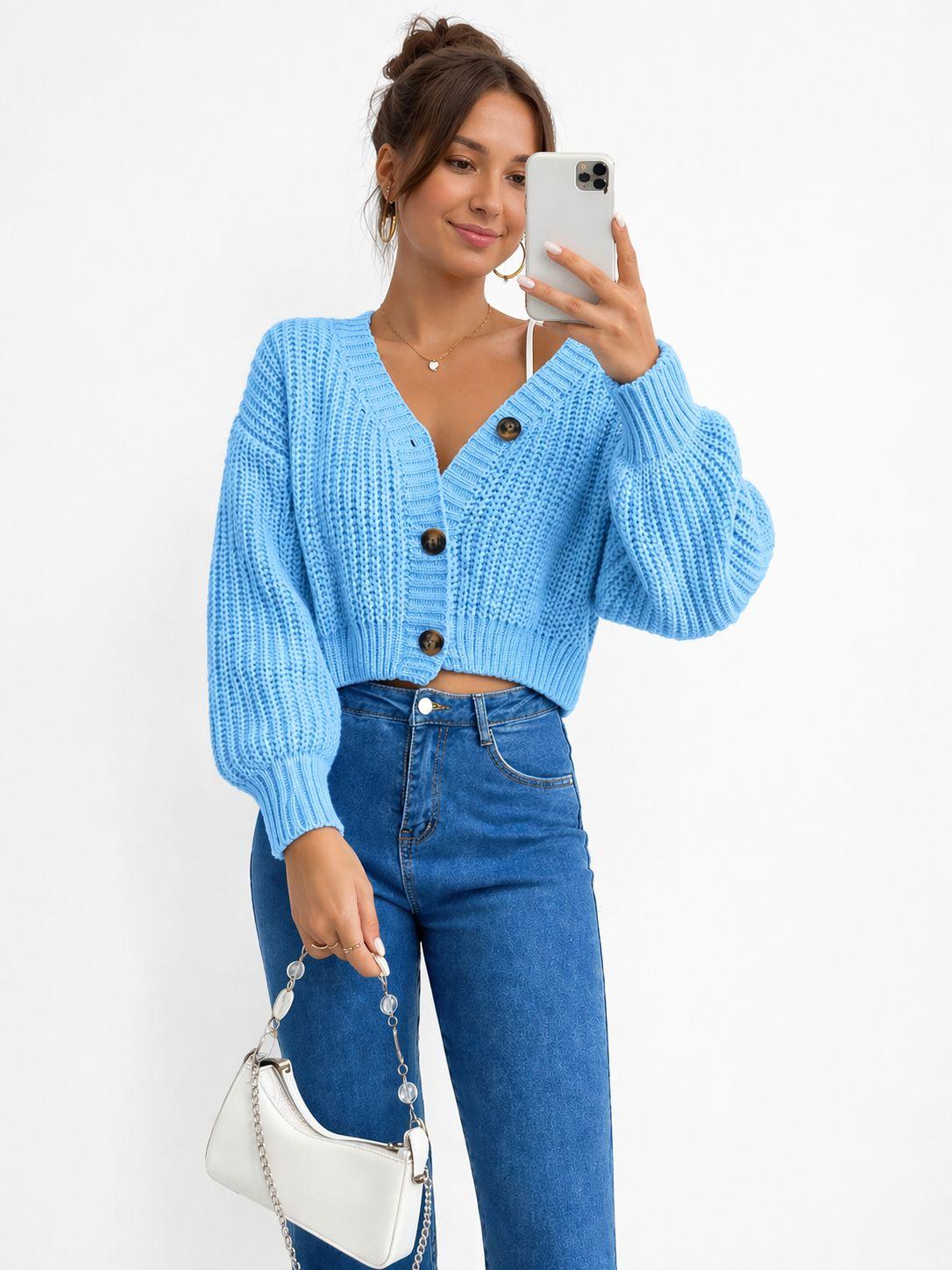 Chunky Knit Cardigan Balloon Sleeve Cropped 3 Button Jumper Soft Cozy Top 🇬🇧