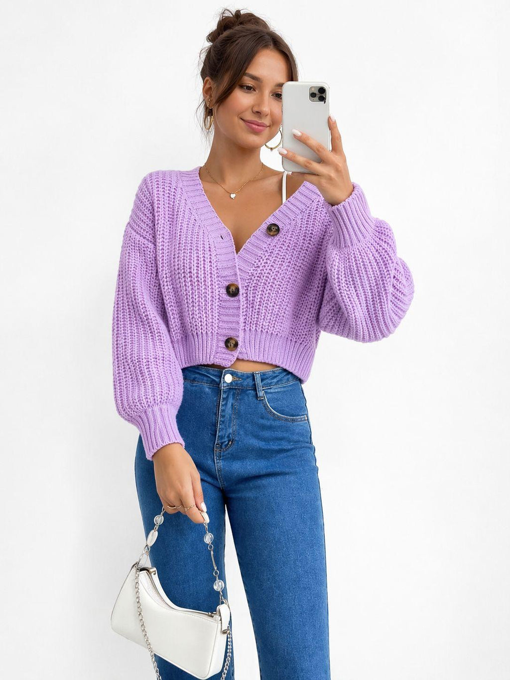 Chunky Knit Cardigan Balloon Sleeve Cropped 3 Button Jumper Soft Cozy Top 🇬🇧