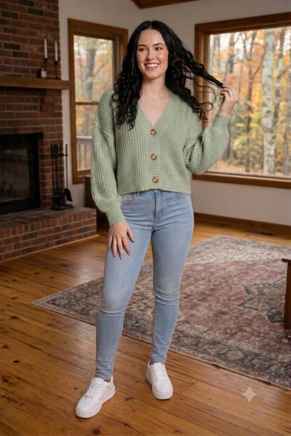 Chunky Knit Cardigan Balloon Sleeve Cropped 3 Button Jumper Soft Cozy Top 🇬🇧