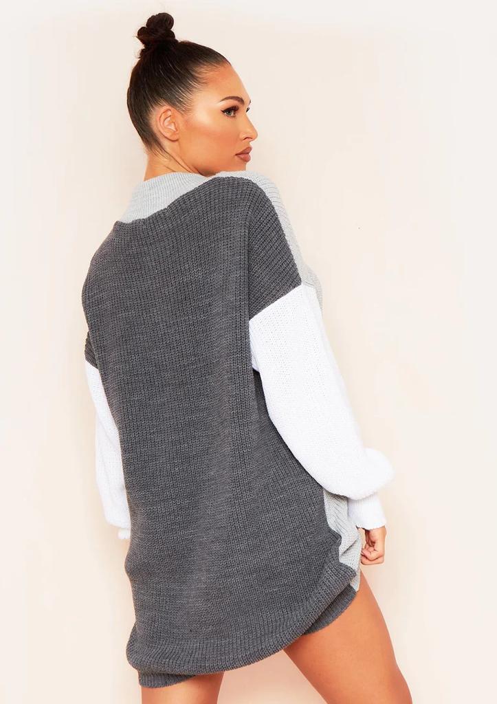 Grey Colour Block Rib Knitted High Neck Jumper Dress 🇬🇧