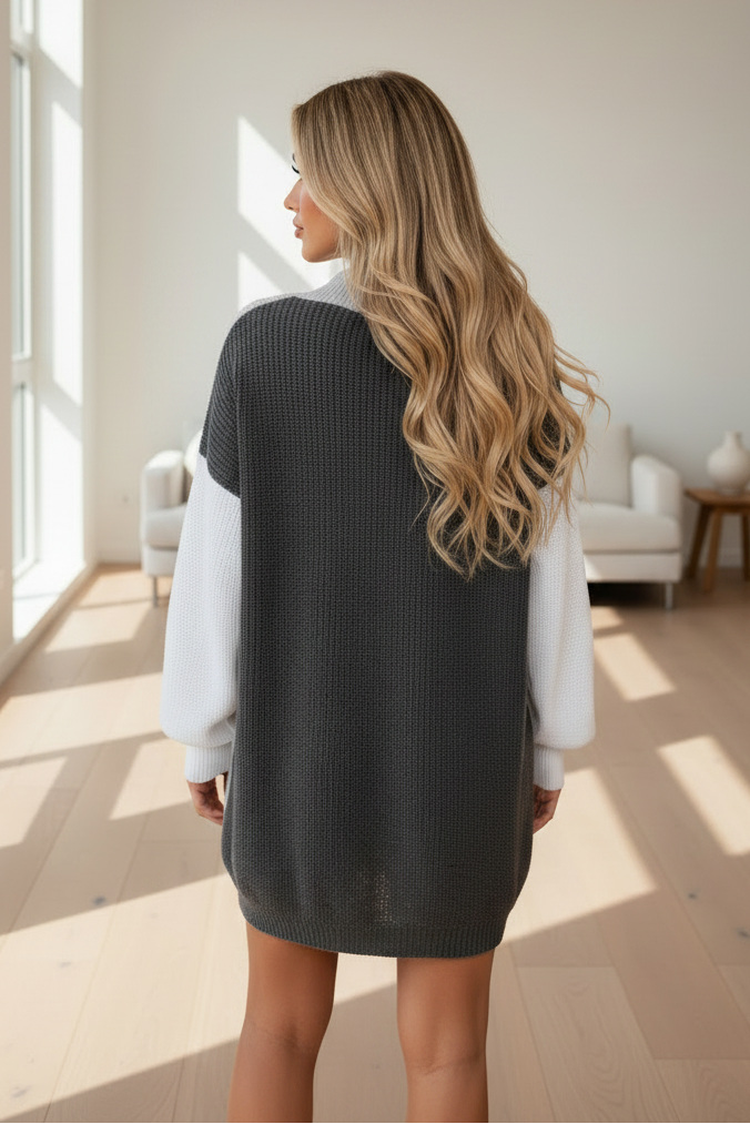 Grey Colour Block Rib Knitted High Neck Jumper Dress 🇬🇧