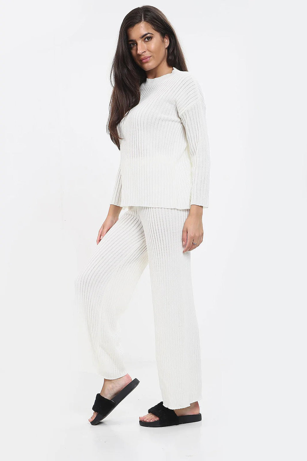 Womens Ladies Knitted Ribbed Round Neck 2 Pcs Loungewear Tracksuit Set 🇬🇧