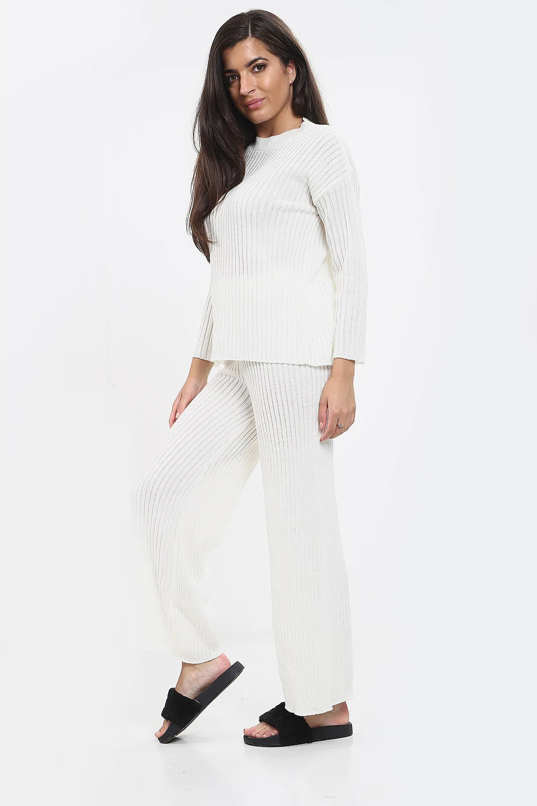 Womens Ladies Knitted Ribbed Round Neck 2 Pcs Loungewear Tracksuit Set 🇬🇧