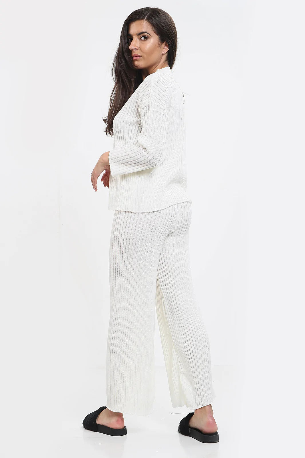 Womens Ladies Knitted Ribbed Round Neck 2 Pcs Loungewear Tracksuit Set 🇬🇧