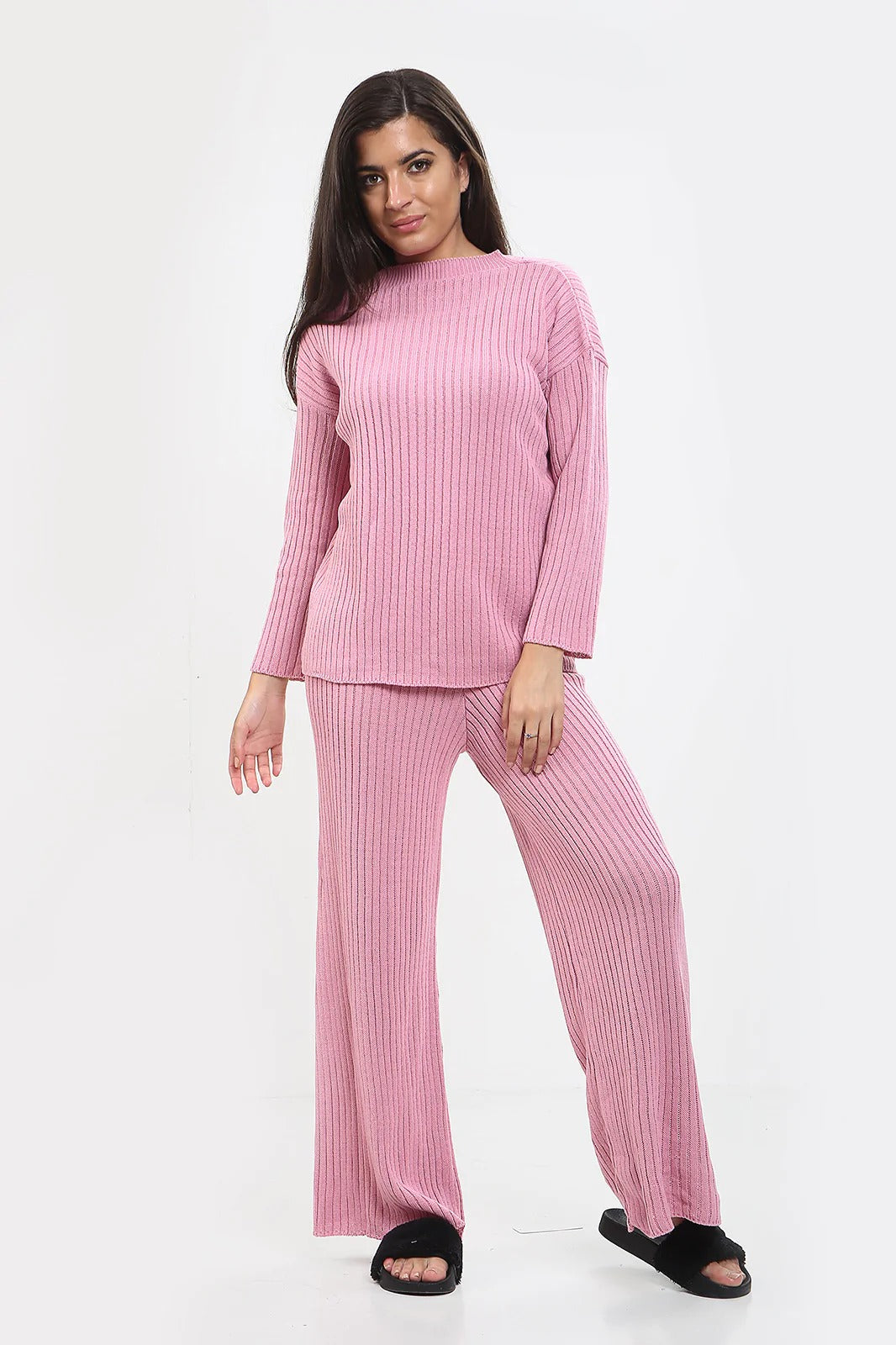 Womens Ladies Knitted Ribbed Round Neck 2 Pcs Loungewear Tracksuit Set 🇬🇧