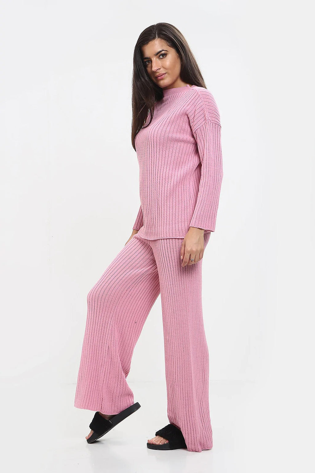 Womens Ladies Knitted Ribbed Round Neck 2 Pcs Loungewear Tracksuit Set 🇬🇧