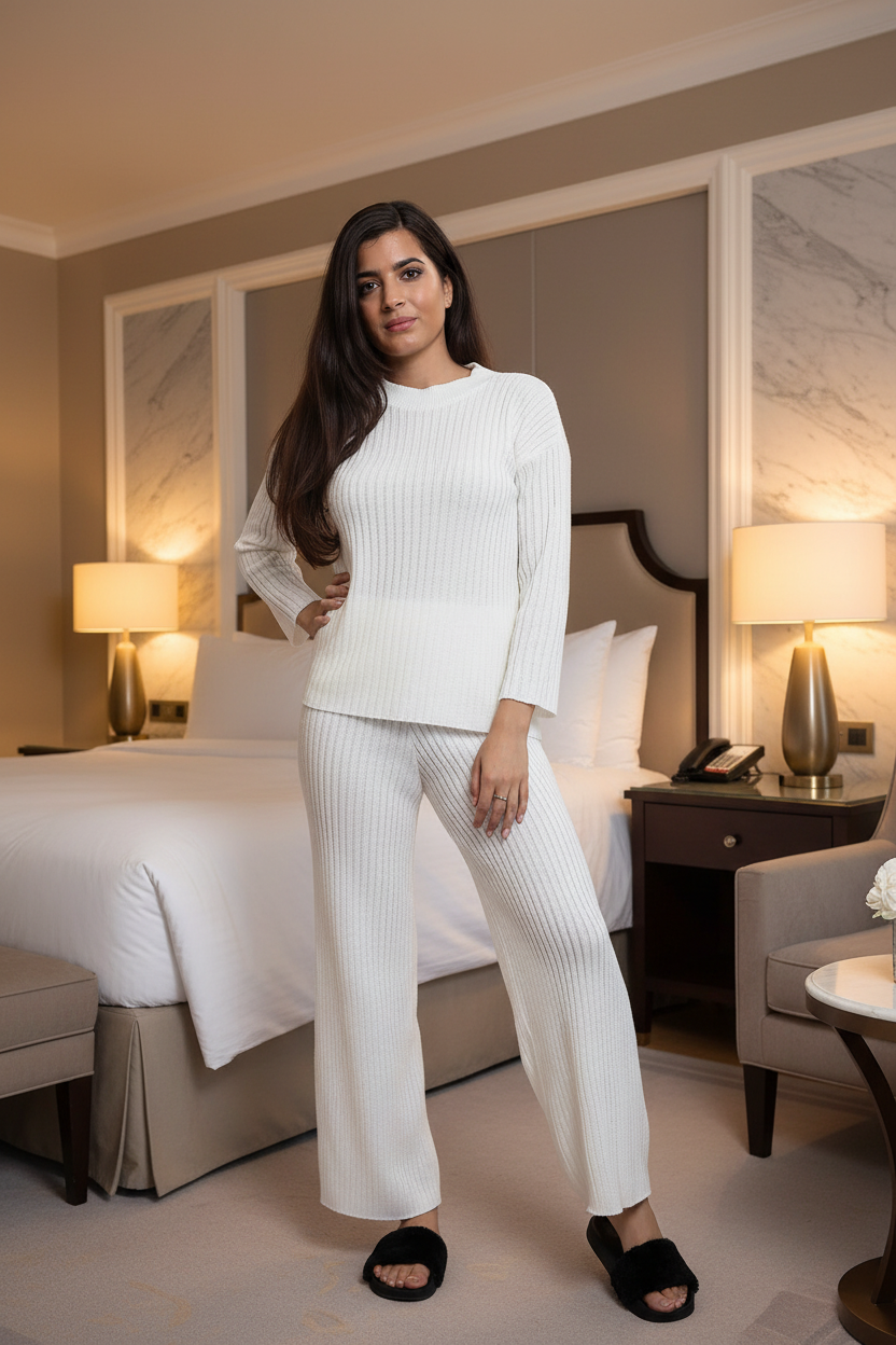 Womens Ladies Knitted Ribbed Round Neck 2 Pcs Loungewear Tracksuit Set 🇬🇧