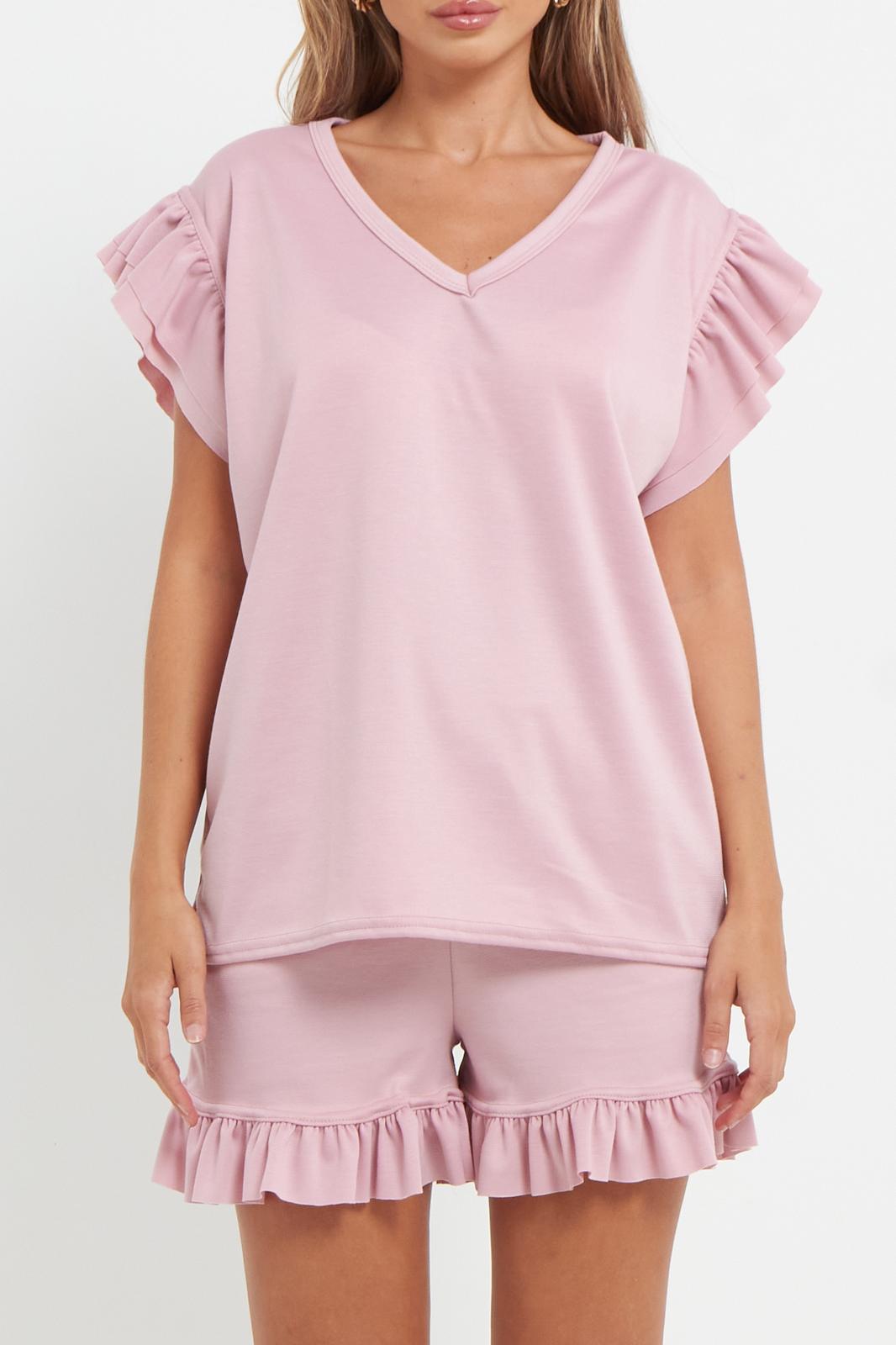 Ladies V Neck Frill Peplum Sleeve Top and Short 2 Piece Tracksuit Set 🇬🇧