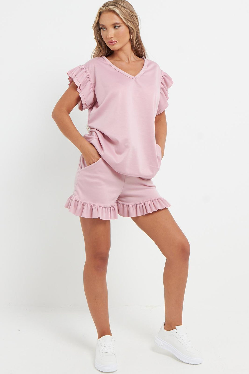 Ladies V Neck Frill Peplum Sleeve Top and Short 2 Piece Tracksuit Set 🇬🇧