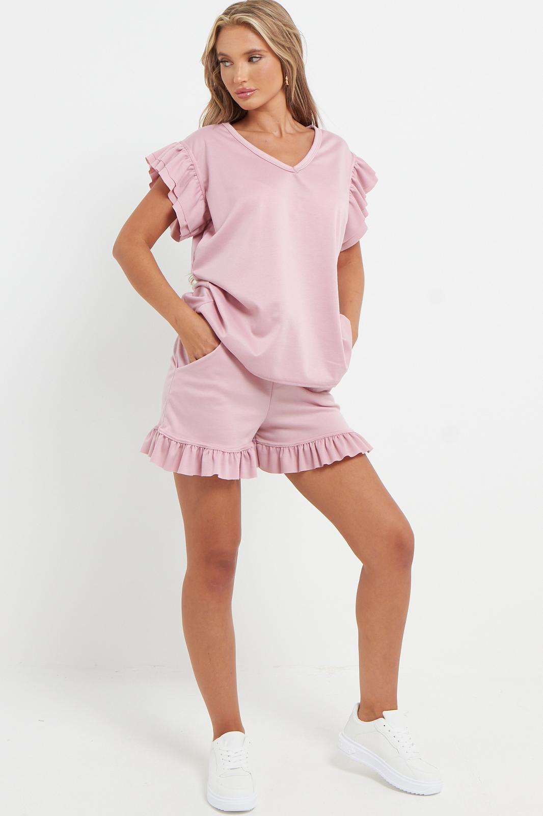 Ladies V Neck Frill Peplum Sleeve Top and Short 2 Piece Tracksuit Set 🇬🇧